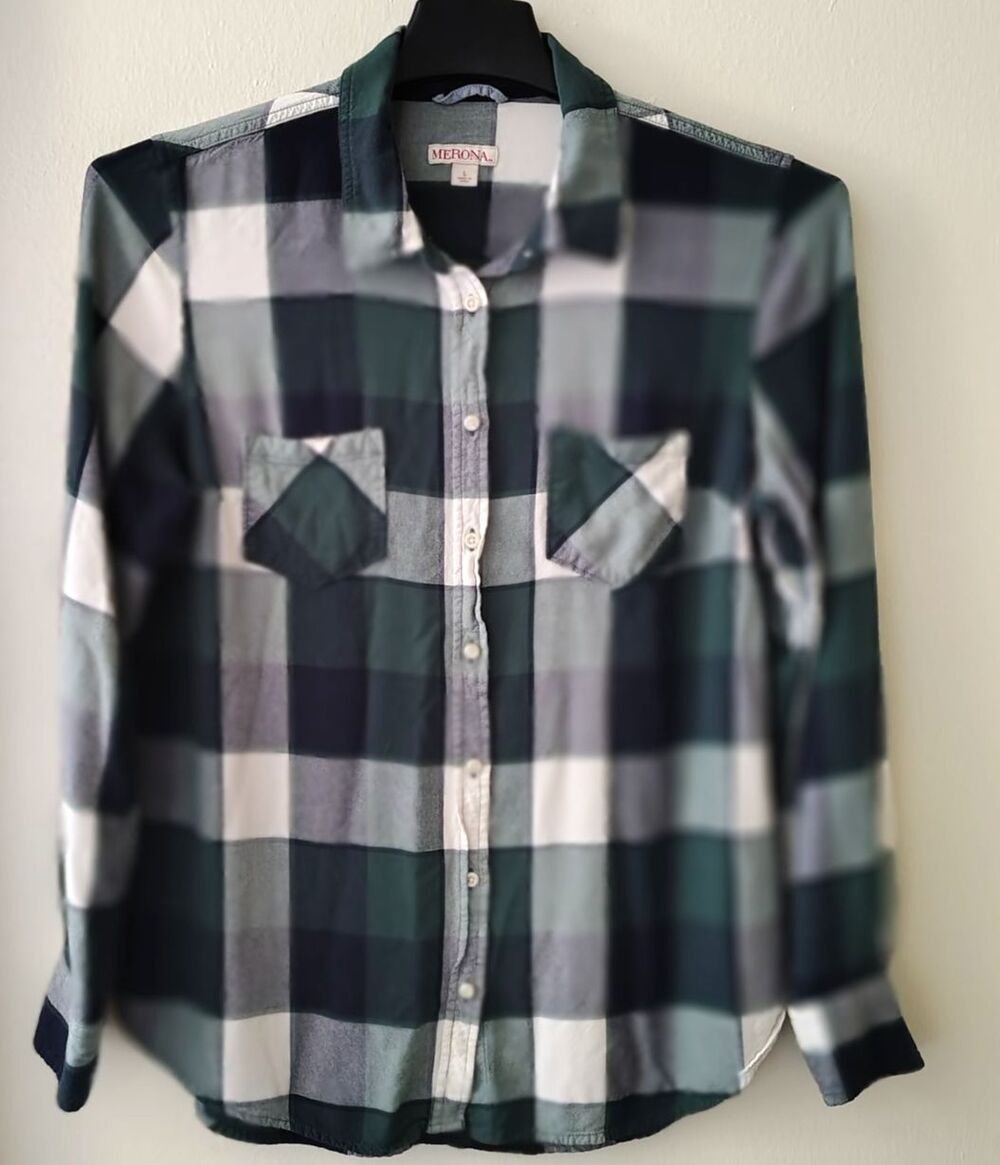 Merona Shirt Womens Large Green & Black Plaid Button Up Long Sleeve Ladies